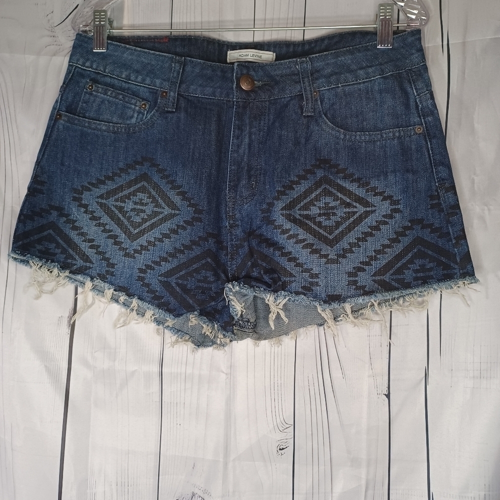 Adam Levine Denim Blue Aztec Boho Festival Patterned Frayed Hem Women's Shorts